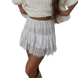 Y2k Lace Mini Skirt Women Low Rise Pleated RuffleTiered Half Slip Elastic Waist Flowy Mesh Sexy ShortUnderskirt midi  skirt  dance Women's A-Line