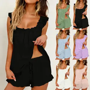 2-Piece Women's Ruffle Pajama Set, Soft Tank Top & Shorts Sleepwear, Bridal Lounge PJs for Spring & Summer