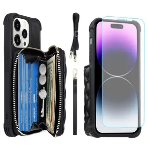 MONASAY Zipper Wallet Case Fit for iPhone 14/15/Pro/Pro Max/Plus[Glass Screen Protector ][RFID Blocking] Flip Leather Handbag Phone Cover with Card Holder&Detachable Crossbody Lanyard Strap phone cases