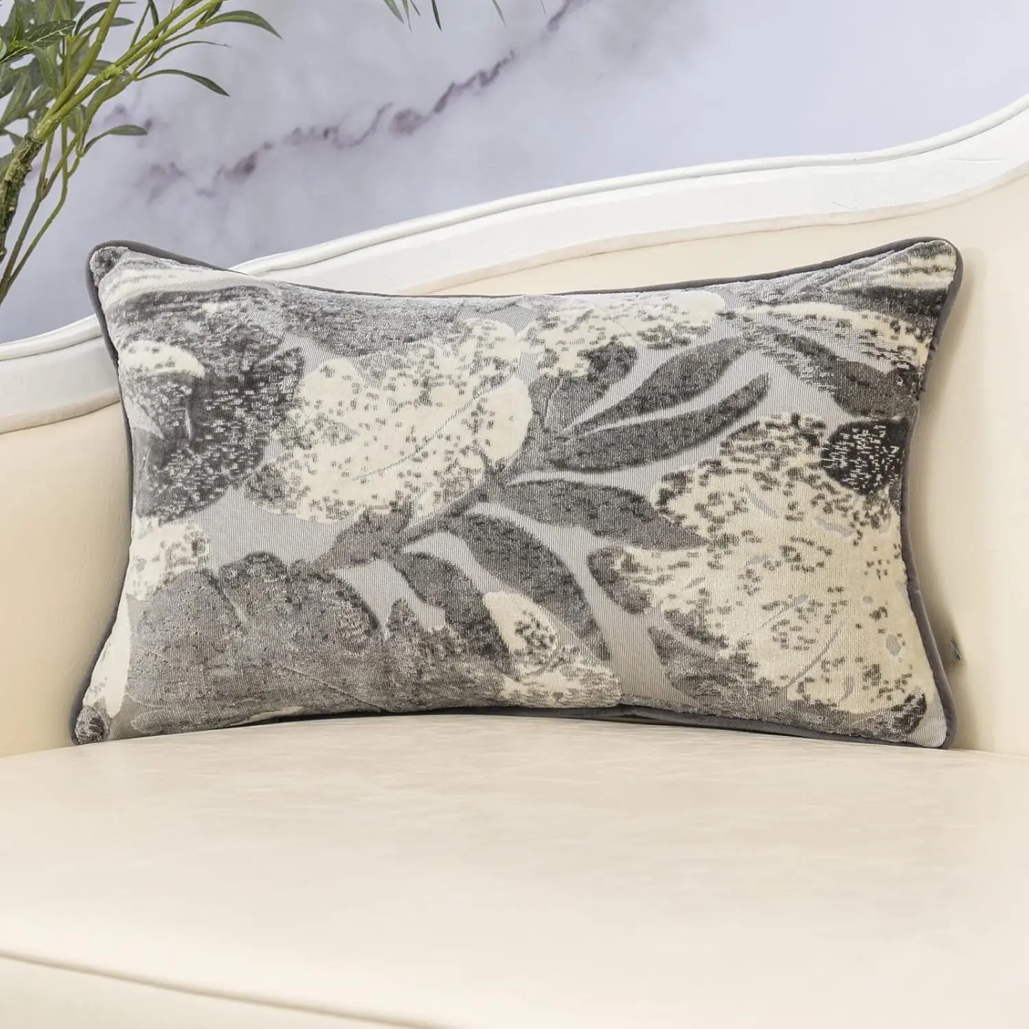 Grey Leaf Rectangle Pillow Cover Cut  Cushion Cover Luxury Modern Pillowcover for Couch Living Room Bedroom,12x20 Inch
