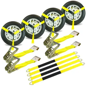 VULCAN Economy Car Tie Down Kit with 4 Lasso Straps, 4 Flat Hook Ratchets, and 4 Free 36 Inch Axle Straps - 3,300 Pound Safe Working Load Tension Rope Yellow Heavy Duty