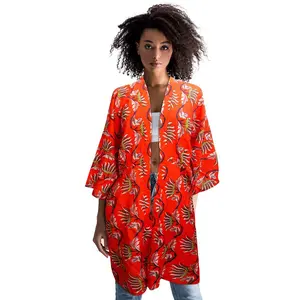 Polyester Orange Floral Print Long Kimono with Wide Sleeves, V-Neckline, Summer Season - 39.3 x 54.3 inches