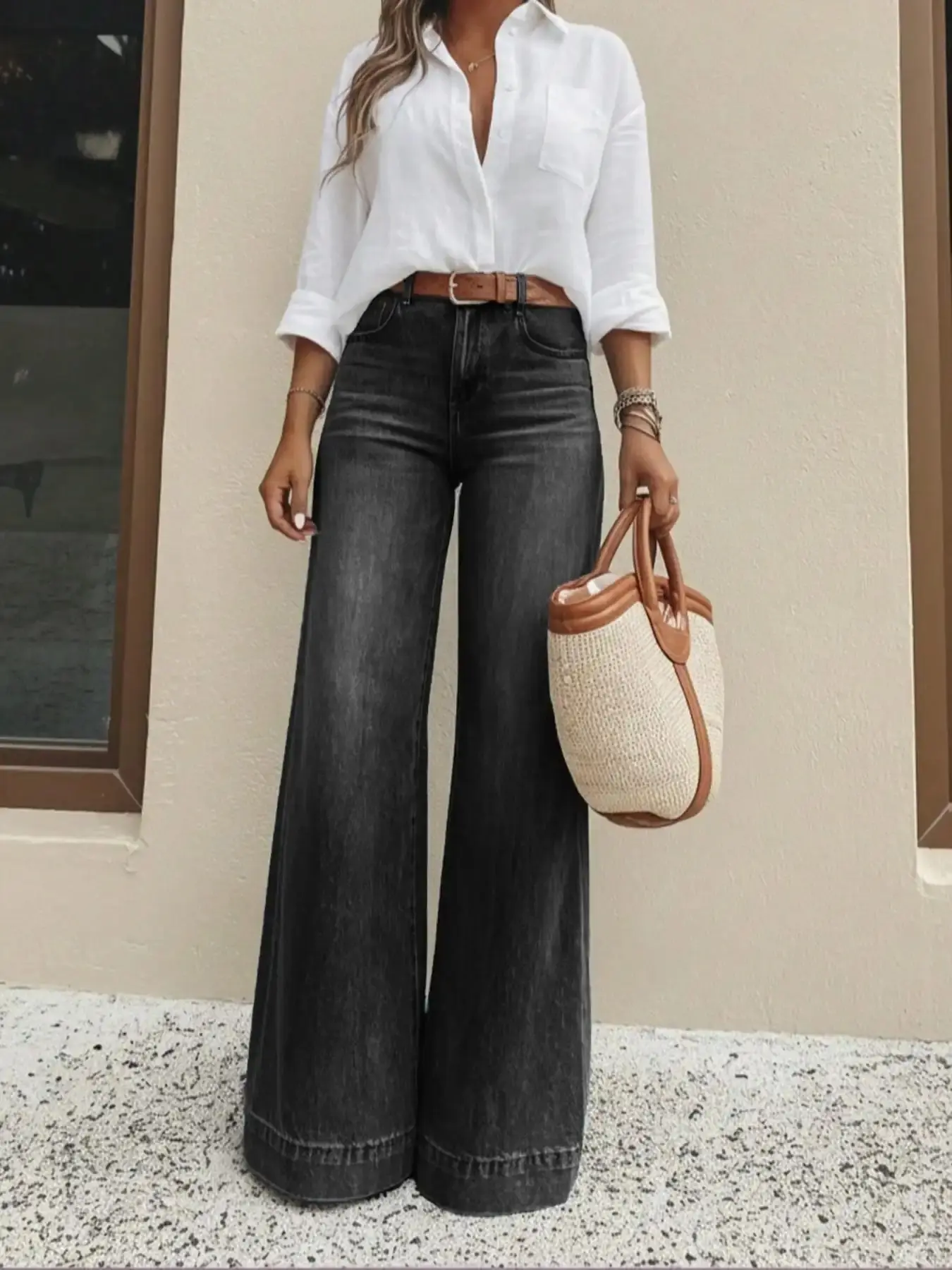 Women's High-Waist Black Washed Bell Bottom Jeans - Floor-Length Wide-Leg Flared Denim Pants, Streetwear Style, Belt-Compatible, Linen-Blend Fabric, Pair with Blouses, Pockets