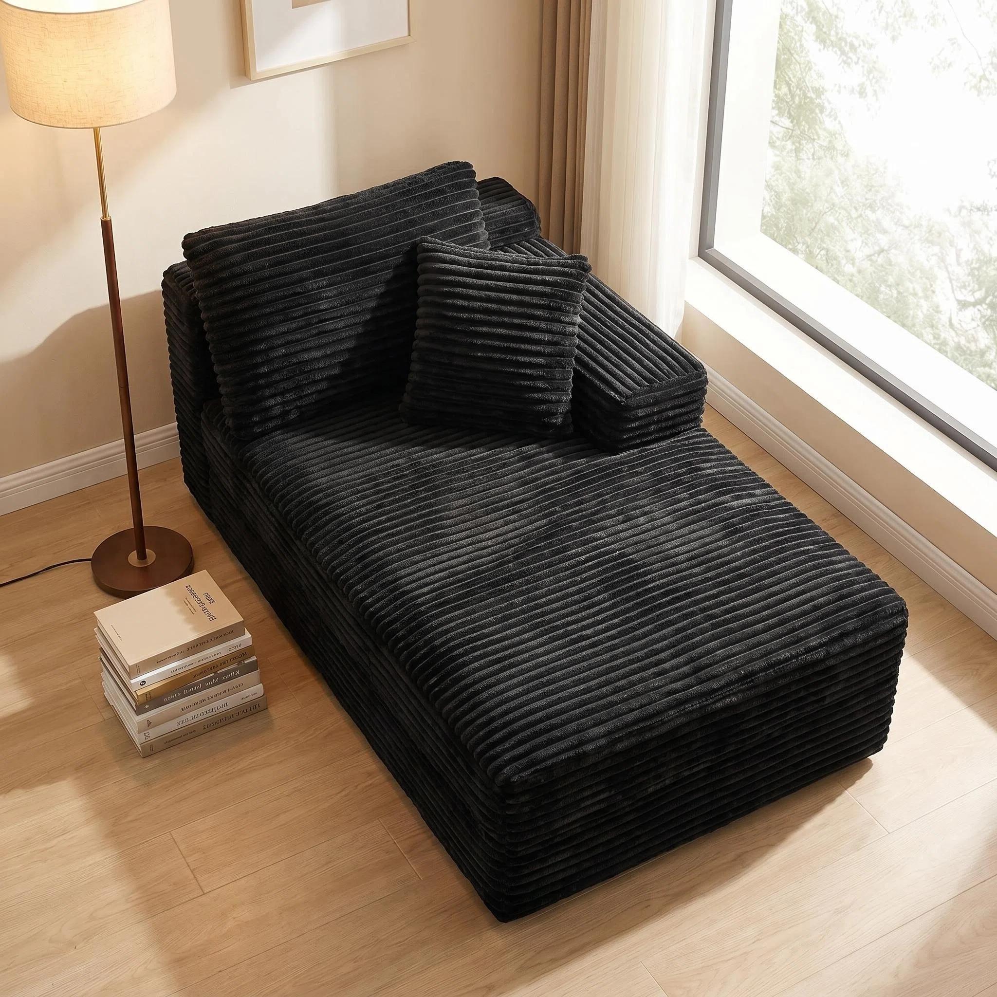 Chaise Lounge Chair Indoor Sleeper Black Corduroy Modular Sofa Couch, Legless Floor-Hugging Armless Accent Chair for Living Room Bedroom, No Assembly Required