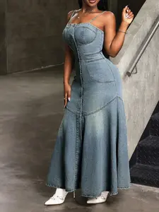 Smocked Button Front Denim Cami Dress