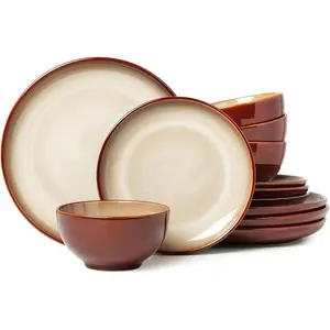 Stoneware Dinnerware Set Service for 4, 12 pcs Reactive Glaze Plates and Bowls Sets, Handmade Round Dishes Set, Highly Chip and Crack Resistant Modern Plate Set, Brown Yellow