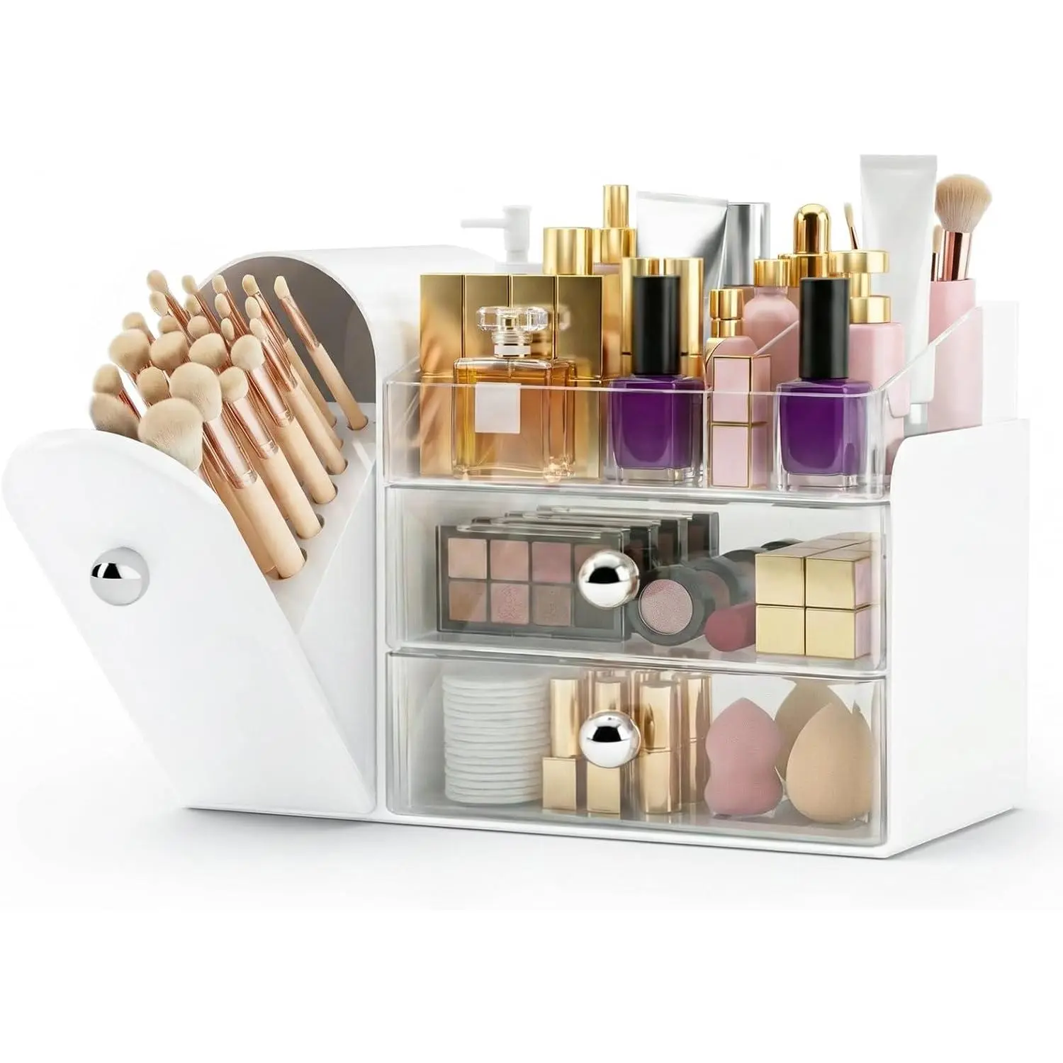 Makeup Organizer for Vanity with Covered Brush Holder，Bathroom Organizers with Drawer，Skin Care Organizer，Makeup Organizers for Vanity with Drawer，Large Makeup Storage for Dresser, White