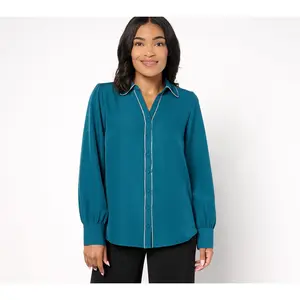 Denim & Co. Signature Button Up Sparkle Trim Top