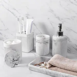 5 Pcs White Marble Resin Bathroom Accessories Set, Lotion Soap Dispenser, Toothbrush Holder, Tumbler, Cotton Swab Holder & Vanity Tray, Bathroom Countertop Organizer for Home Apartment