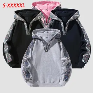 Men’s retro half-zip hooded sweatshirt, vintage ethnic patchwork pullover, soft knit slim-fit warm fashionable hoodie, plus sizes S–XXXXXL