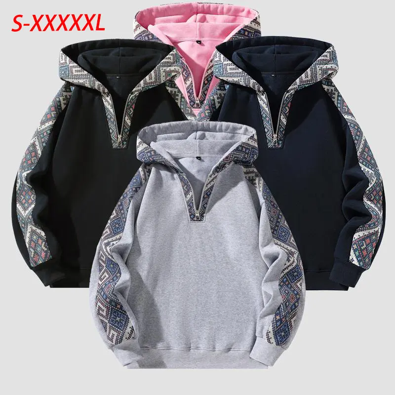 Men's Retro Ethnic Patchwork Hooded Sweatshirt, Warm Thick Knit Fabric Half-Zip Fitted Pullover for Everyday Wear, Fashion