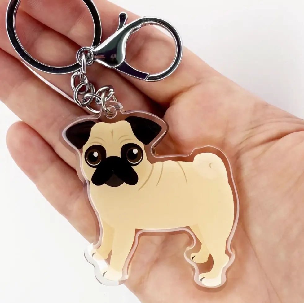 Pug Keychain Cute Pugs Charm Clear Plastic and Resin Silver Key Ring for Dog Lovers