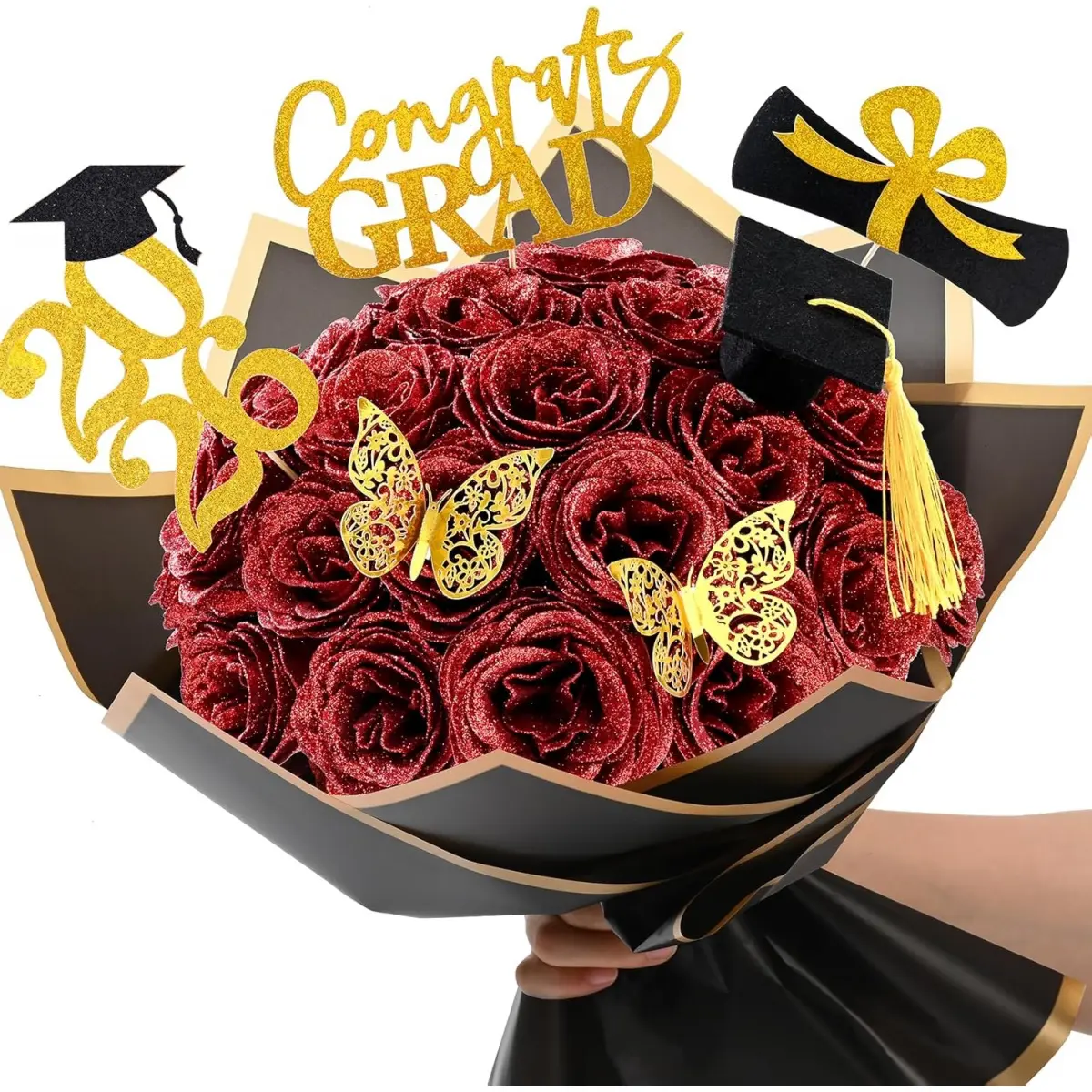 Decorative Floral Trophy Centerpiece for High School Grads - Sports & Outdoor Award Decor Kit with 36 Glitter Red Flowers, 2026 Sign, Synthetic Accents, High School/College Grads