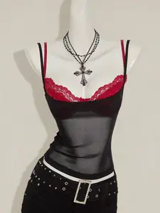 SHANIAH Women Elegant Red Sheer Camisole Top Paired With Black Lace Spaghetti Strap Top