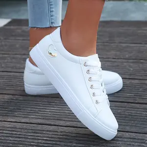 Women's Pure White Closed Low-Top Training Footwear - Lace-Up Sports Shoes, Golden Accents, Rubber Sole, Fabric Lined, All-Day Wear for Running, Casual Outfits