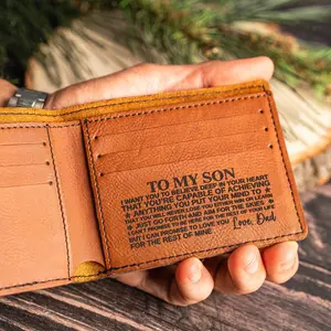 Leather Bifold Wallet for Son - Personalized Message from Mom Dad or Both - Slim Design with Multiple Card Slots & Cash Compartments - Perfect Gift for Son's Birthday Graduation or Christmas