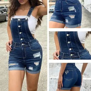 AprPith Stylish Denim Overalls Shorts for Women - Distressed Details - Adjustable Straps