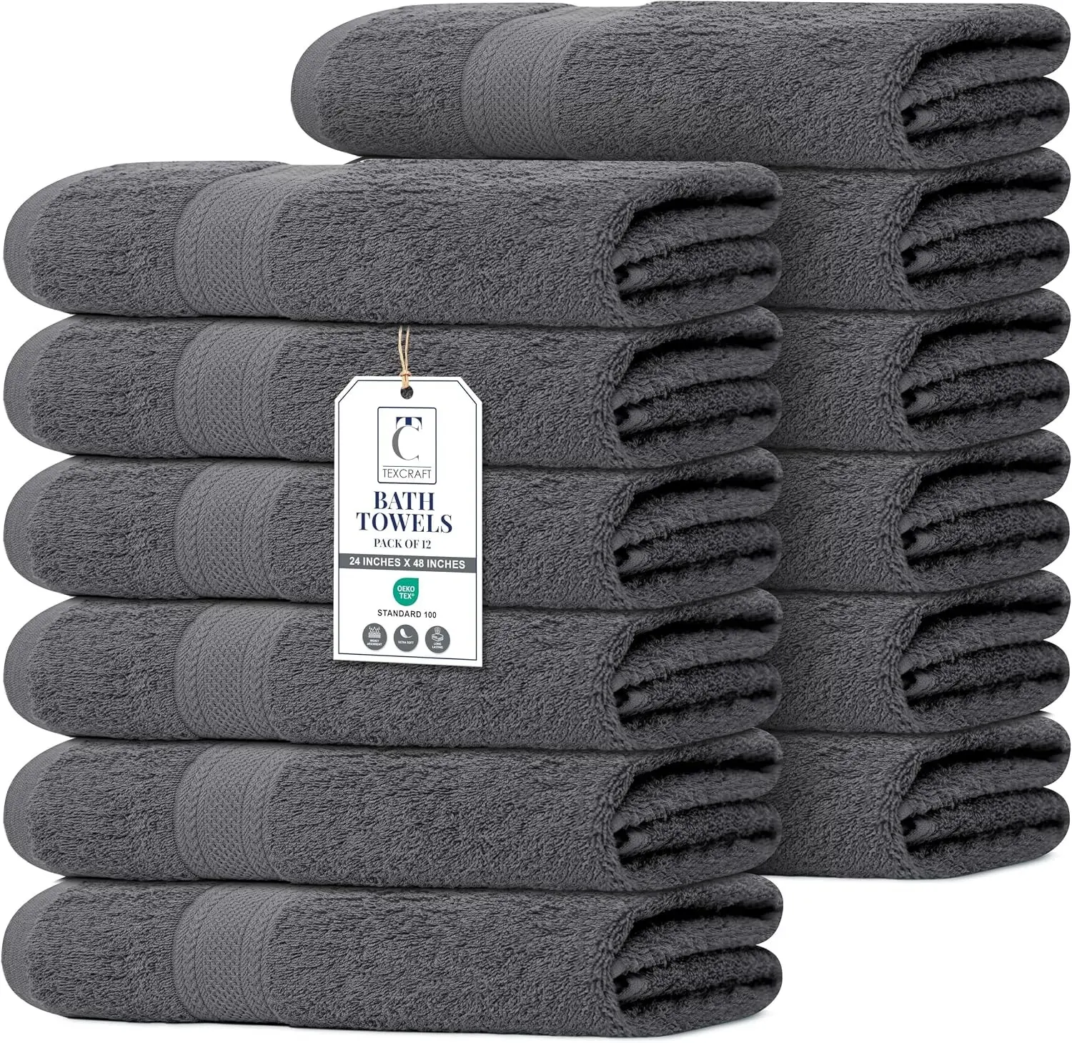 Commercial Bulk Pack of 12 Bath Towels 100% Cotton Terry 24" x 48" Ideal for Hotels Salons Gyms Spas & Institutional Use Charcoal Grey