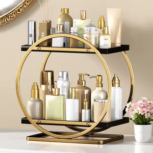 Makeup Organizer for, Black Gold Perfume Organizer for Dresser, 2-Tier Countertop Organizers, Counter Shelf Skincare Holder Perfume Tray Cosmetic Display