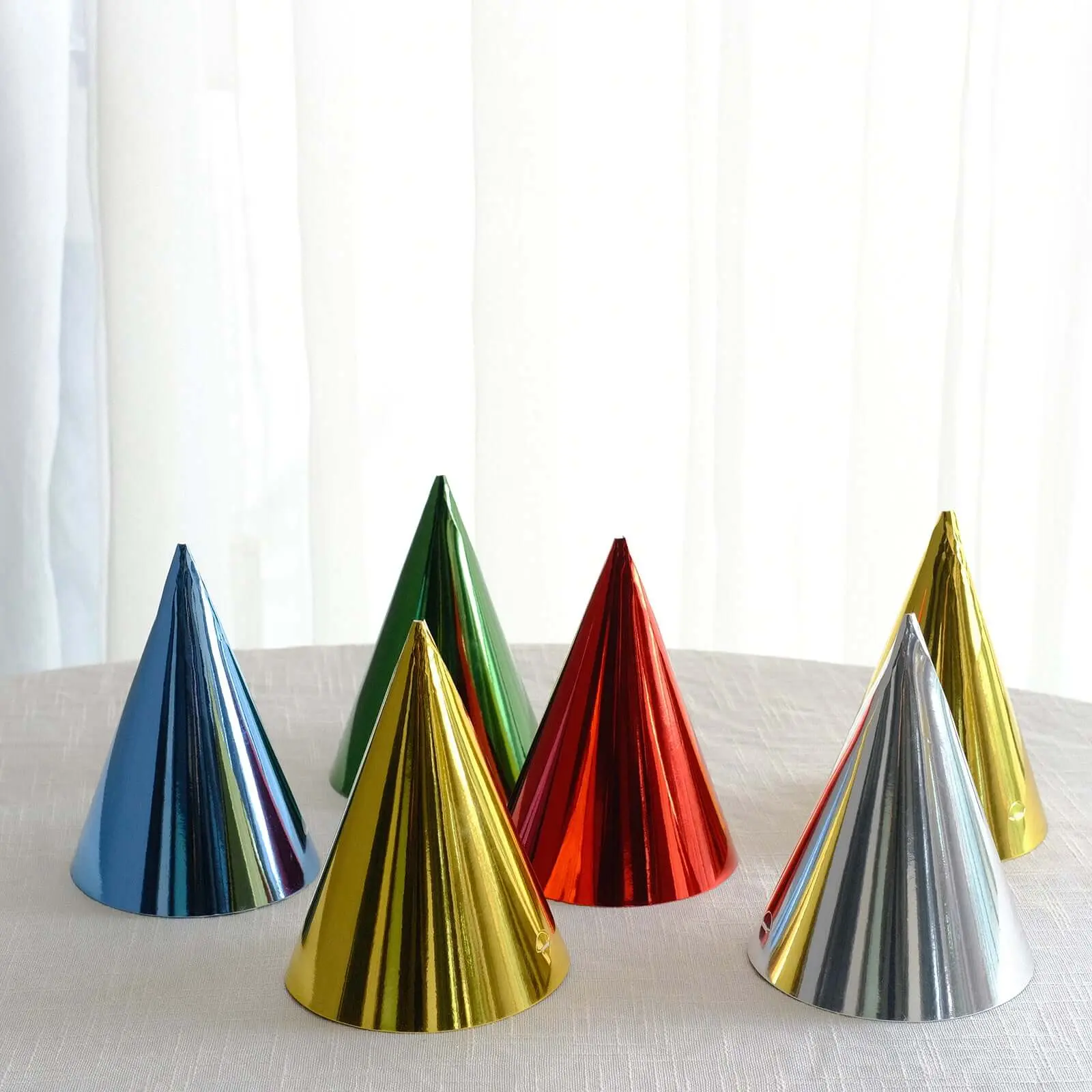 25 Pack Mixed Metallic Foil Pre-Strung Paper Cone Party Hats - 5"x7" Party Props for First Birthday, Festival Supplies, Anniversary, Housewarming, Festival Party Supplies