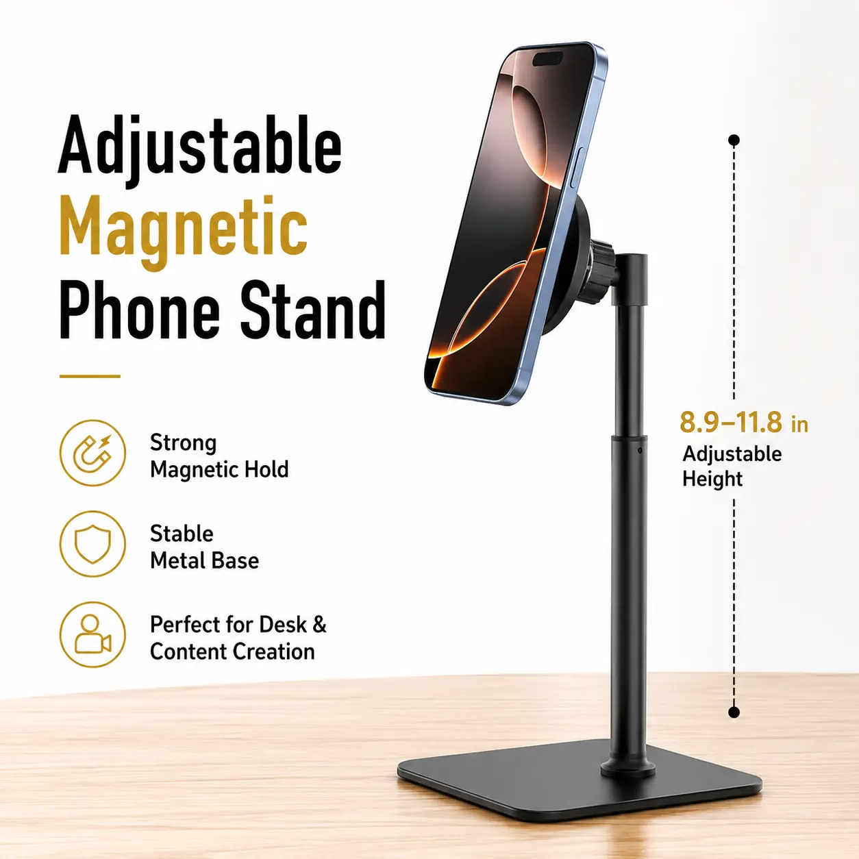 MagStand Adjustable MagSafe Phone Stand for Desk, Magnetic iPhone Holder Compatible with iPhone 17/16/15/14/13/12, Stable Hands-Free Cell Phone