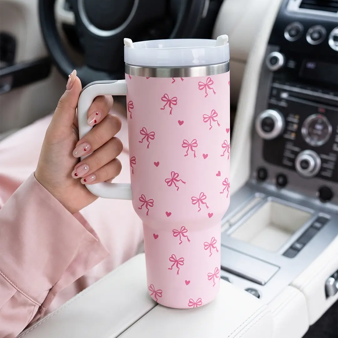 40oz Coquette Tumbler with Handle, Cute Aesthetic Insulated Cup with Straw, Large Capacity Travel Mug for Women Girls Gift
