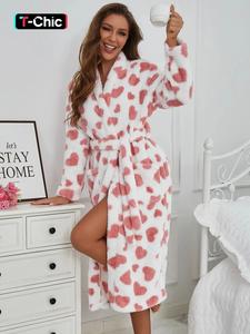 women's heart print belted pocket lounge robe, casual long sleeve v neck warm robe, ladies sleepwear for fall & winter, night gown, soft casual pajamas