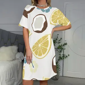 Ladies Lemon Coconut Print T-Shirt Dress Short Sleeve Casual Summer Mini Dress with Pocket
