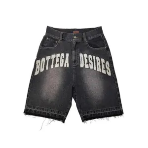 Men's 'Bottega Desires' Printed Denim Shorts -Y2k Retro Letter Patchwork- Distressed Black Wash for Bold Street Style