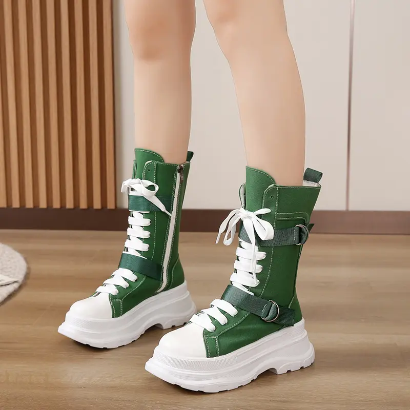 Women's Chunky Platform Boots with Belt Buckle & Zipper Closure - Thick Rubber Sole Round-Toe High-Top Canvash Boots,  Cushioned Insole for Casual Outdoor,, Casual Attire - All-Terrain Traction footwear, Lace Up Boot