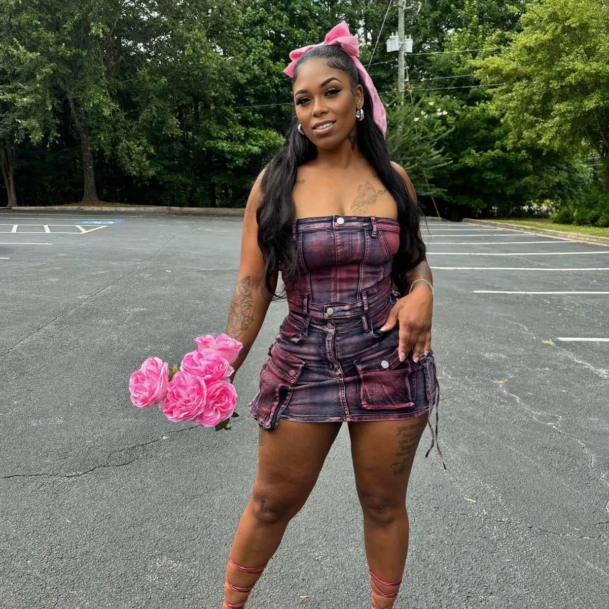 Women's Pink Demin 2 Piece Set for Casual Outfits - Overalls, Womenswear