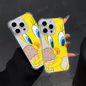 Adorable Yellow Bird Pattern Mobile Phone Case for iPhone 16 15 14 13 12 11 Pro Max X XR XSMAX 8 7 Plus Anti-Fall Shockproof Protection Transparent Soft Back Cover