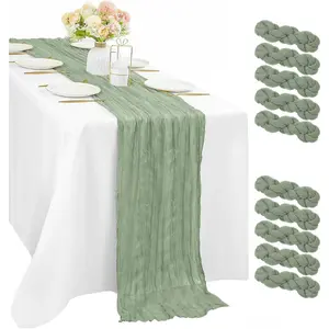 10 count Sage Green Cheesecloth Table Runner 120*35ft Boho Gauze Fabric Cheese Cloth Table Runner Comes Runner for Romantic Wedding Birthday Shower Party Table Decoration