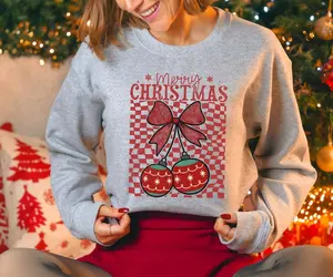 Coquette Bow Cherry Sweatshirt For Christmas, Merry Christmas Sweater, Women Christmas Gifts, Girls Xmas Party Sweatshirt, Holiday Xmas Gift