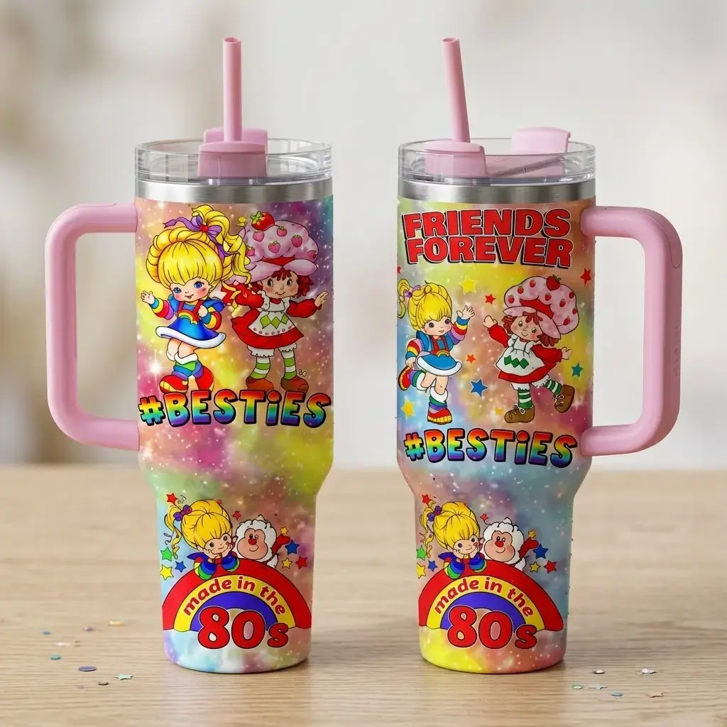 Retro 80s Strawberry Shortcake & Rainbow Brite Cartoon 40oz/30oz Stainless Steel Insulated Tumbler with Handle, Retro Cartoon Fan Gifts