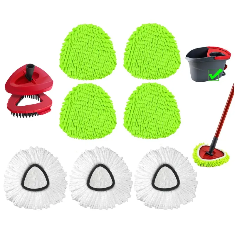 Spin Mop Heads Replacements Compatible with Ocedar Easywring 1 Tank System 4 Pack Microfiber Chenille +3Pack Microfiber Mops Pad Refill  for O Cedar Floor Clean,Washable Dry/Wet Use Dust Mops with Brush&Base