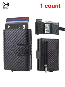 Rfid Card Holder in Carbon Fiber Pattern, Rfid Card Slots, Stylish Microfiber Leather Pop Up Trifold Wallet, Card Holder Organizer, Durable Aluminium Case Coin Purse for Men