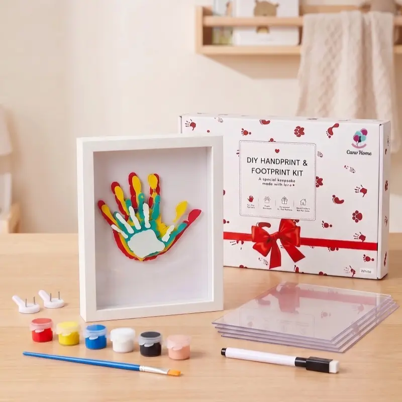 DIY Handprint Keepsake Shadow Box Frame Kit - Rectangular Multi-Layered Photo Frame with Acrylic Glass, Paint Set, Handprint Footprint Art Craft, Personalized Home Decor Gift, Handmade