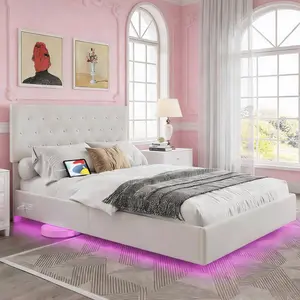 CollaredEagle Square Stitched Button Queen Bed Frame, Upholstered Queen Size Platform Bed Frame with Charging Station and LED Headboard, Mattress Foundation with Wooden Slats Support, No Box Spring Needed. Bedroom Furniture