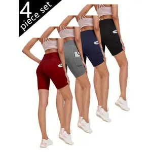 4 Women's High Waist 5 Pocket Yoga Shorts - Hip Lift Design with Pockets, Medium Elastic Breathable Fabric Suitable for Summer Yoga, Pilates and Fitness Training - Solid Color (Red/Black/Gray/Blue), Seamless Design, Opaque Material, Moderate Elasticity hi