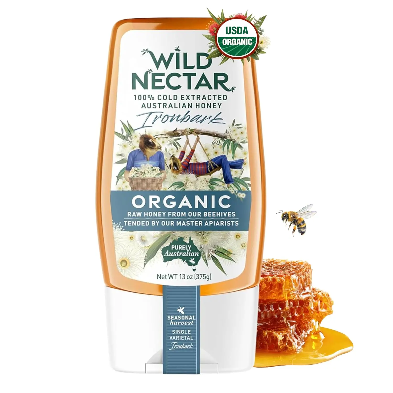 Wild Nectar Organic Honey - 100% Pure, Raw, Unfiltered Australian Ironbark Single Origin Honey - USDA Certified Organic, Natural, Sweet Flavor, 13oz Squeeze Bottle