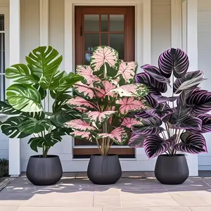 3-Piece Planter Set with Artificial Palm Trees, UV Resistant Plastic Indoor Outdoor Decor, & Leaves Design