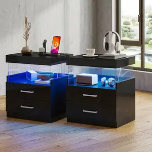 Glossy Black LED Nightstand With Wall Plug Power Supply Modern Wood Side Table With LED Ambient Light Minimalist Floating End Table For Bedroom Home Household Room Decor Furniture