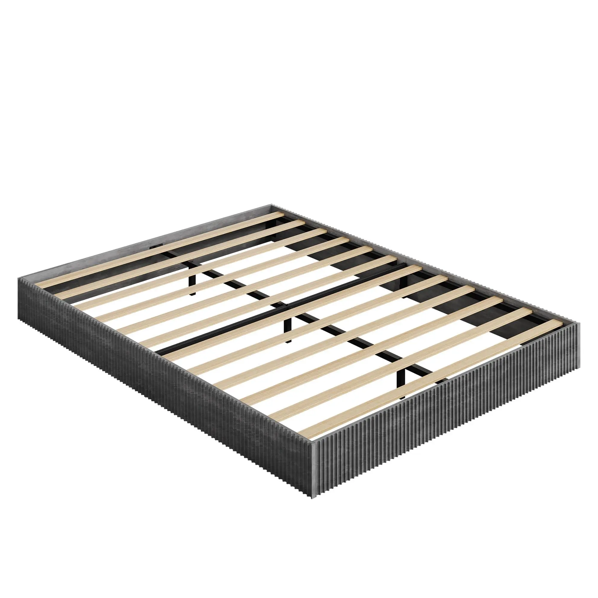 King Size Bed Frame, Wood Platform Bed, Fluted Bed Frame, Minimalist Bed Base with Low Profile Design, Noise-Free, Easy Assembly, No Box Spring Needed, Washed Black