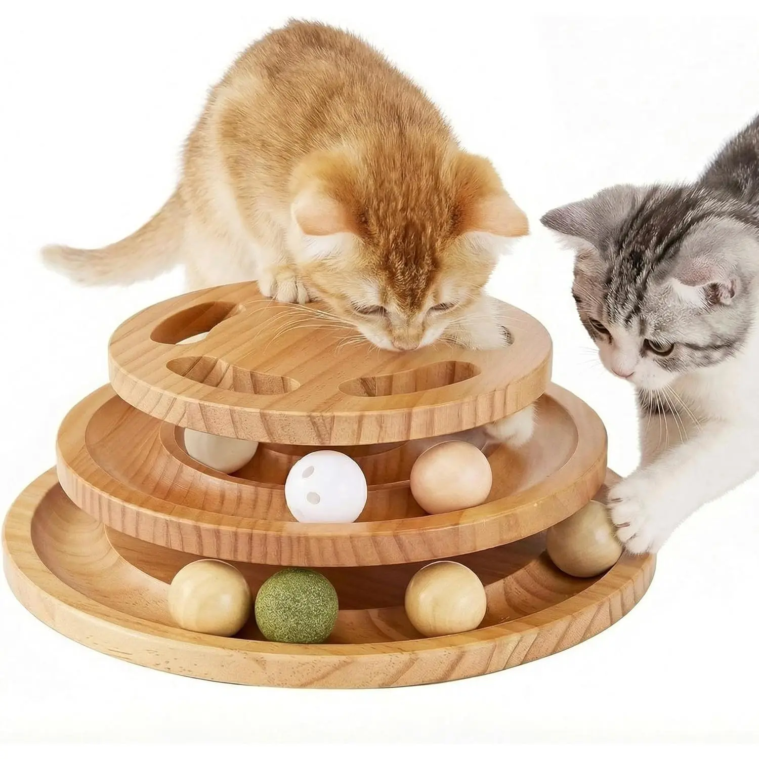 ZOMISIA Cat Ball Track Toy with Puzzle Top, Extra Large Wooden Cat Toys for Indoor Cats with Spinning Balls, Interactive Cat Ball Tower for Kitten Exercise Mental Physical