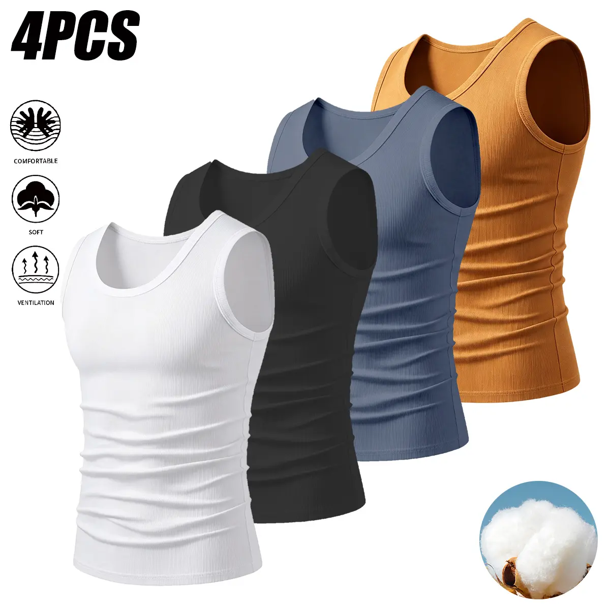 Men’s 4-Pack Ribbed Cotton Tank Tops, Slim Fit Stretch Underwear Shirt for Dress Shirts & Suits, Smooth Invisible Base Layer to Prevent Sheerness, Breathable Moisture-Wicking Business Casual Vest