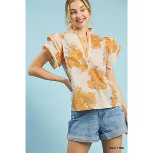 Umgee Mix Floral Ruffle Sleeve Blouse