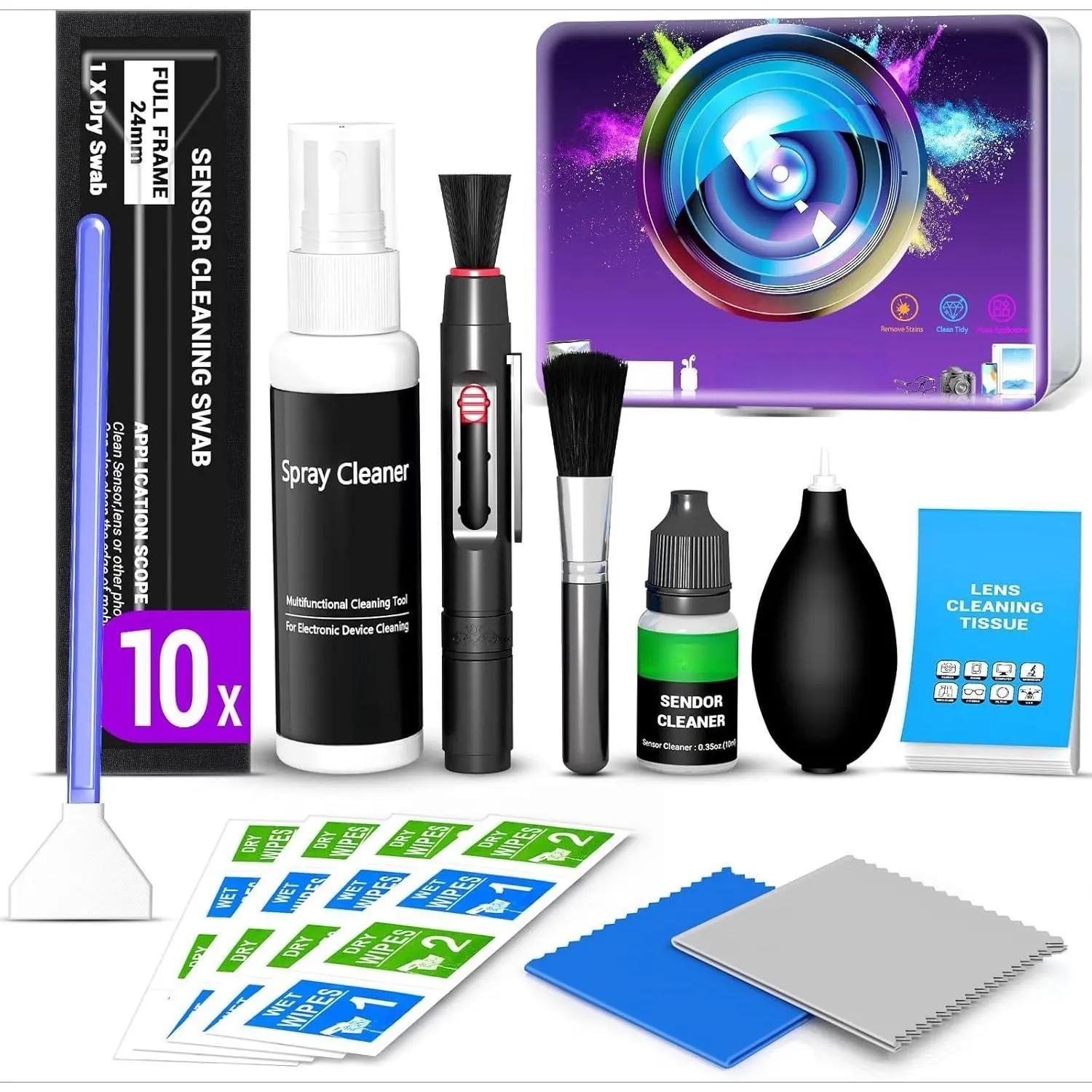 X-KCK01 Updated Camera Lens and Sensor Cleaning Equipment Kit for Full-Frame DSLR - 10x Swabs, Cleaner, Brush, Cloth for Canon, Nikon, Sony