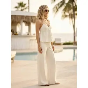 Cider Denim Halter Neckline Beaded Twist Knotted Oversized Cami Top