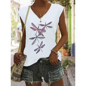 Sleeveless V-Neck Vest for Women Featuring a Dragonfly Print, Perfect for Spring And Summer Outdoor Fashion with a Natural Style And Made from Translucent Material